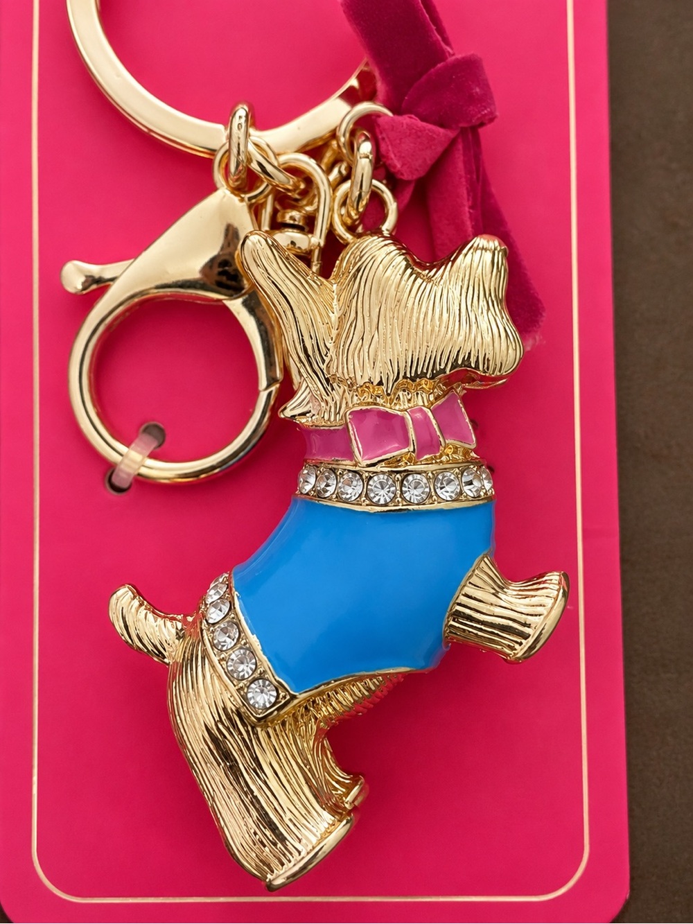Juicy Couture Scottie Dog Gold Tone Rhinestone Keychain Blue Pink Charm NWT
